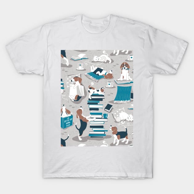 Life is better with books a hot drink and a friend // pattern // grey background brown white and blue beagles and cats and turquoise cozy details T-Shirt by SelmaCardoso